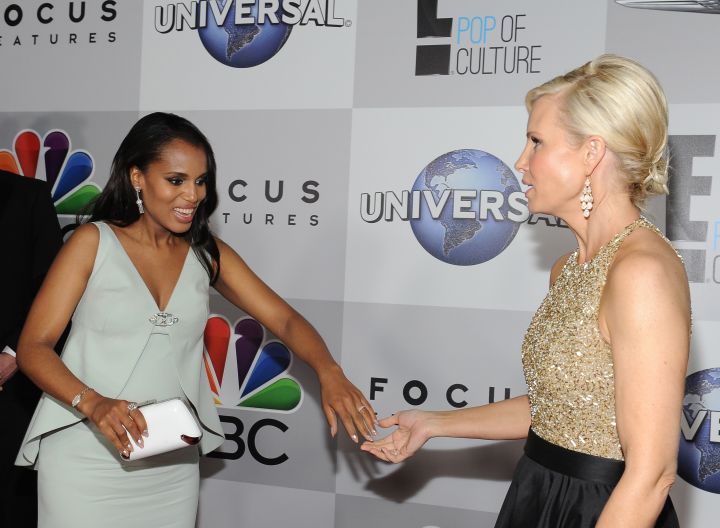 Kerry greets Monica Poetter at the Golden Globes viewing after party