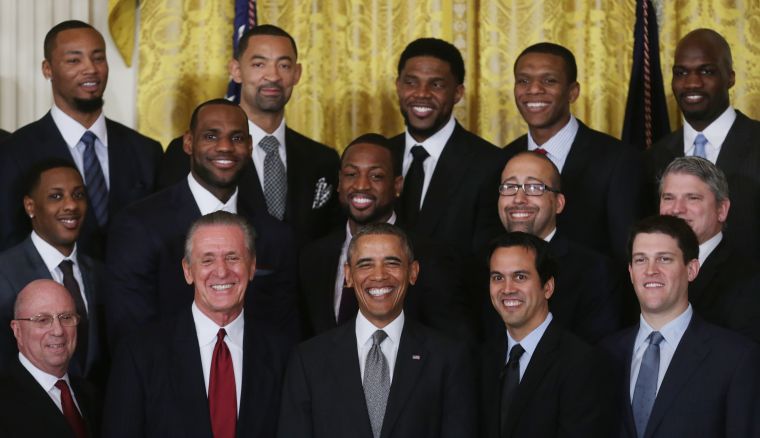 The Miami Heat is all smiles with President Obama during their second trip to the White House.
