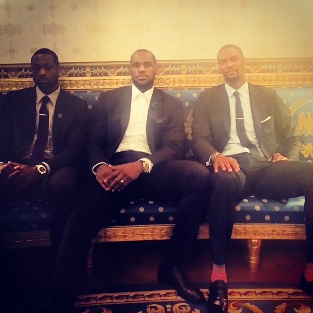 LeBron James, Chris Bosh and Dwyane Wade chill out before meeting with President Obama.
