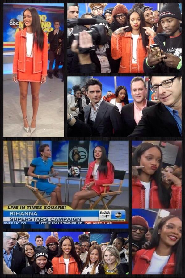 Rihanna flicks it up with the men of the Full House at Good Morning America.