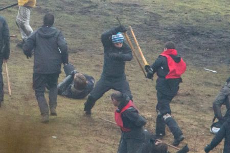 Watch me do this: Michael Fassbender is spotted practicing a very intense scene from the new movie “Macbeth.”