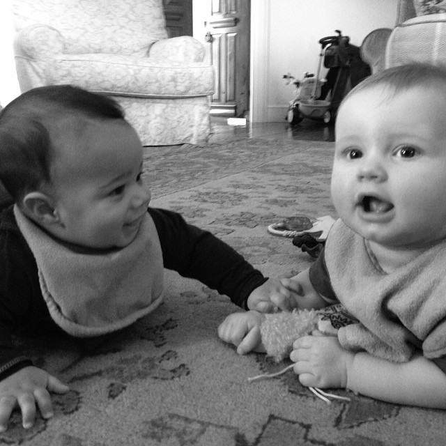 Jessica Simpson’s son Ace and Cacee Cobb’s son Rocco are having infant talk in this black and white photo.