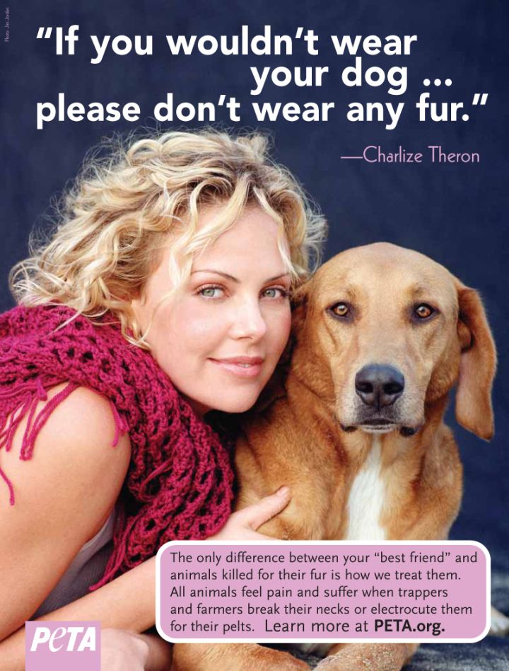 Charlize Theron with her dog Tucker in an anti-fur PETA campaign.