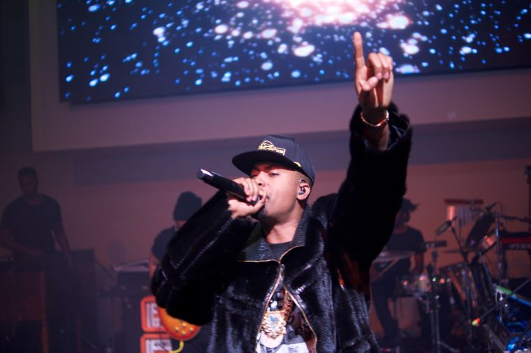 Nas performing at the Hennessy Super Bowl After-Party at Spring Studios in NYC.