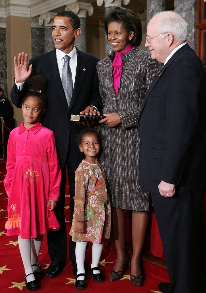 Barack Obama swears in for the first time with his family by his side.