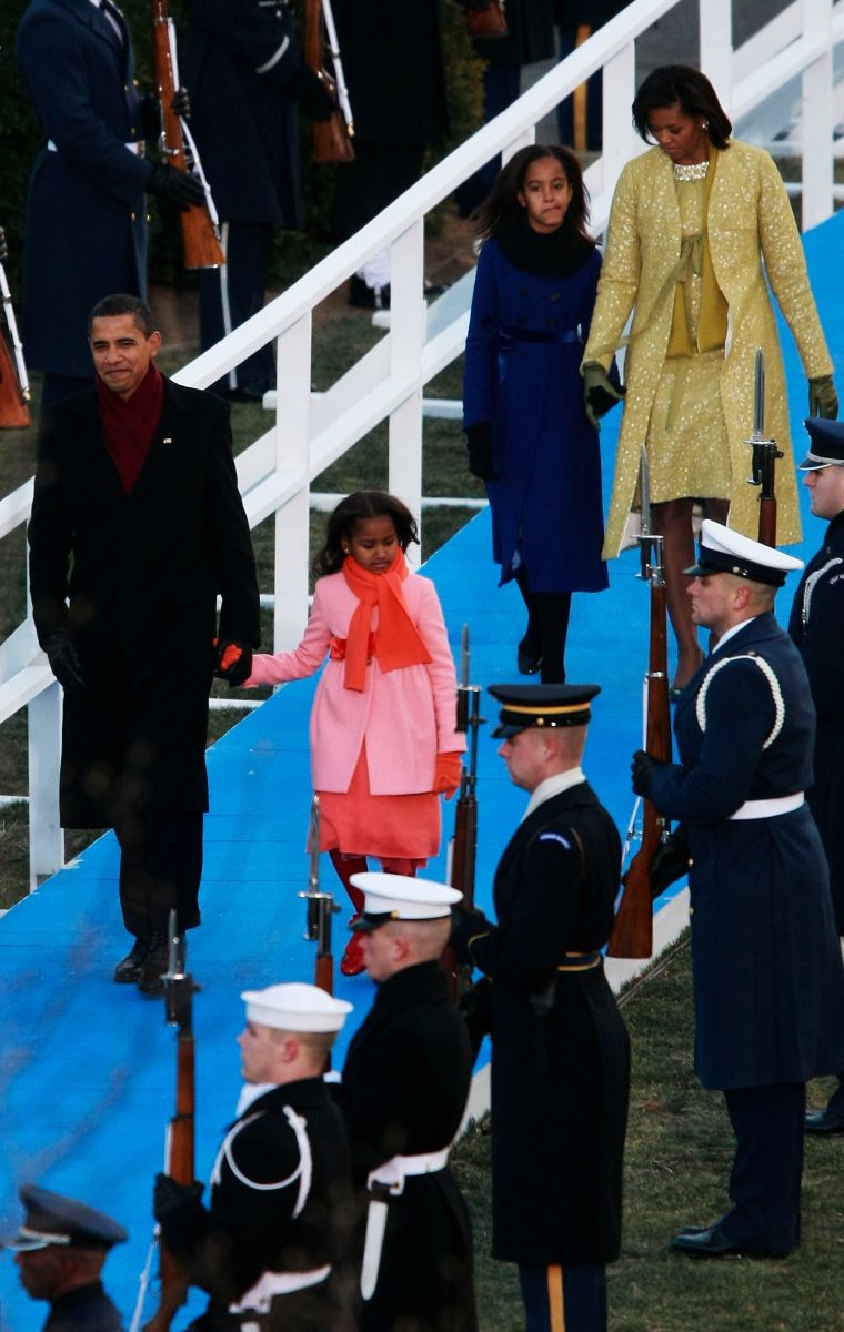 The Obamas coordinate their own colors as Barack is sworn-in for his first term.