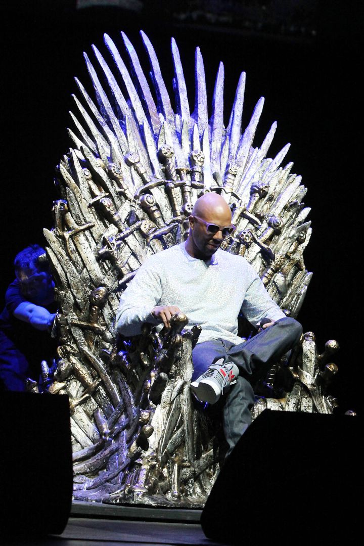 Common sits on the Iron Throne from HBO’s “Game Of Thrones” before his performance during the GOT premiere at the Barclays Center in Brooklyn.