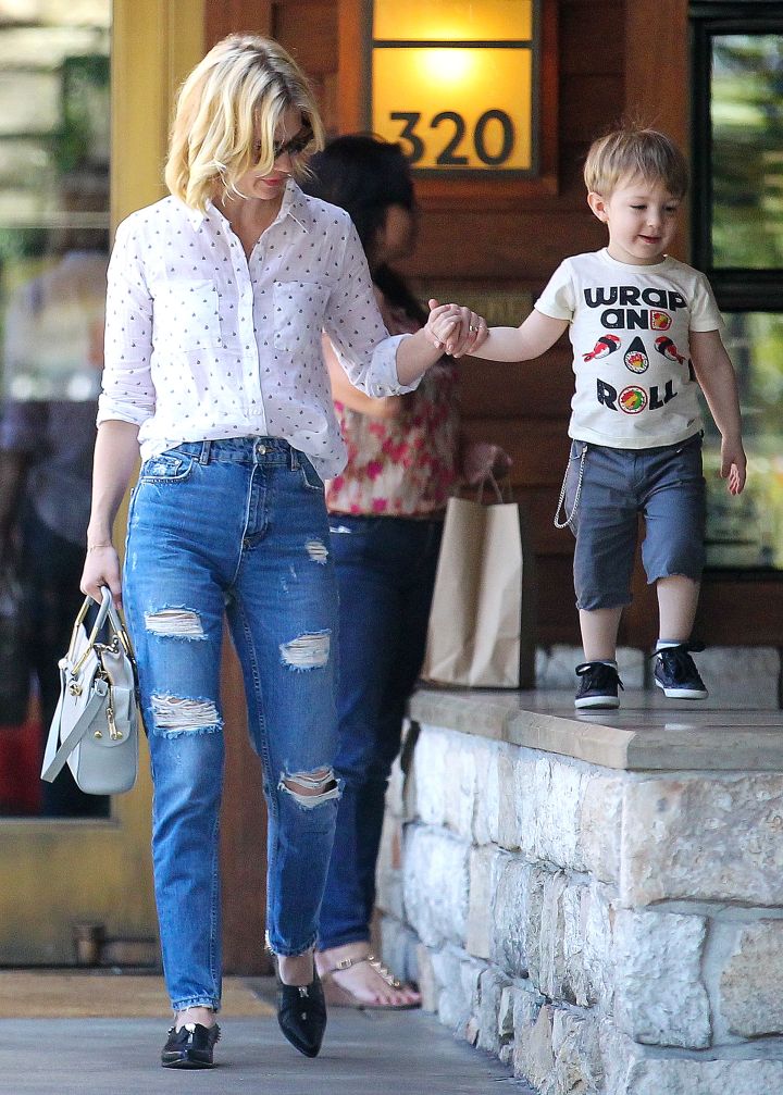 Look at the big boy! January Jones and baby Xander enjoy a mother/son day out for lunch in Pasadena.