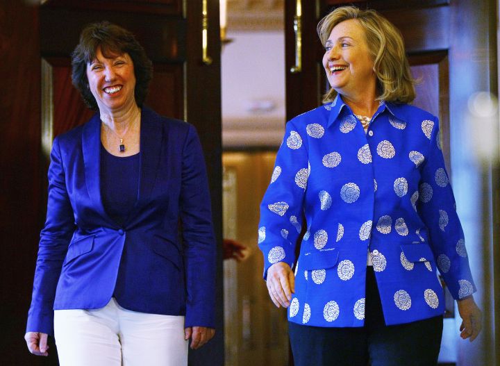 July 2011: Hillary switched up her look with this patterned blazer look.