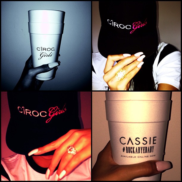 Cassie representing for her man. “Hat low, cup high… #happysaturday #cirocgirls #cirocgirlz #ciroc #ciroclife #cheersmotherf$*^%s.”