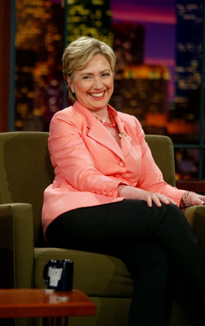August 2003: Hillary cracks a few jokes about her pantsuits during a visit to The Jay Leno Show.