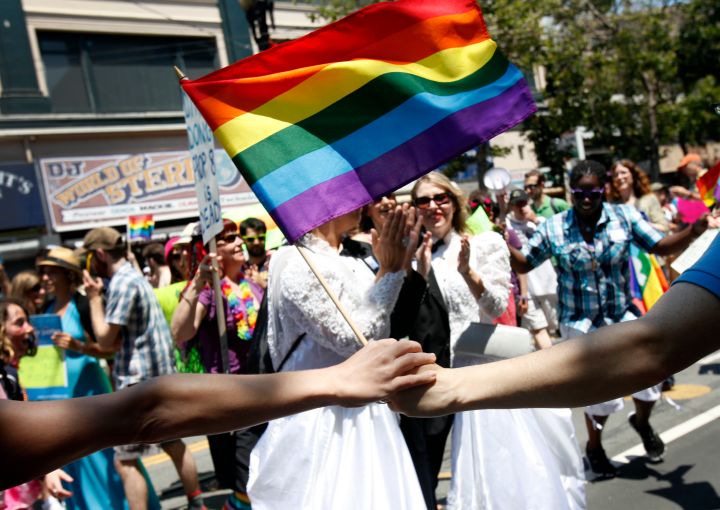 Pride parade winds through the streets of San Francisco.