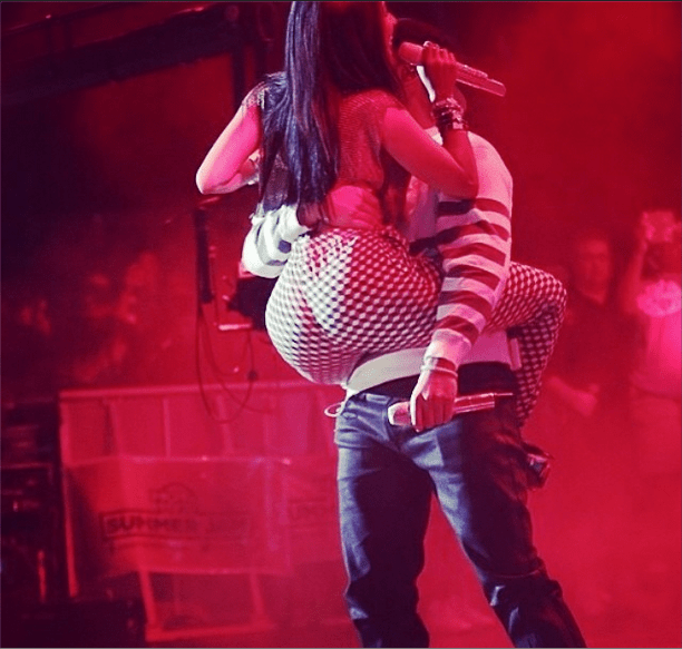 Nicki Minaj gets a lift from Drake during her performance at Summer Jam.