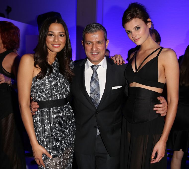 International supermodel Jessica Gomes, aka the voice behind Maybach Music, poses with Paul Zahra and Montana Cox at the David Jones Spring/Summer 2014 Collection Launch Party.