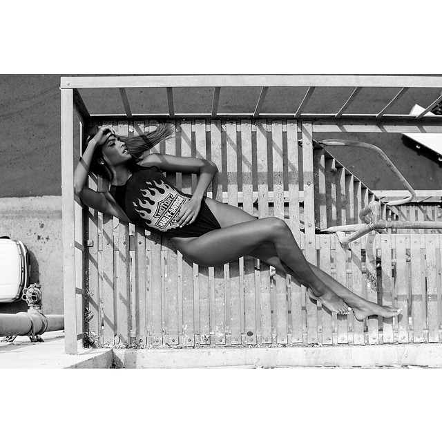 Model Paola Urbano in a Harley Davidson one piece