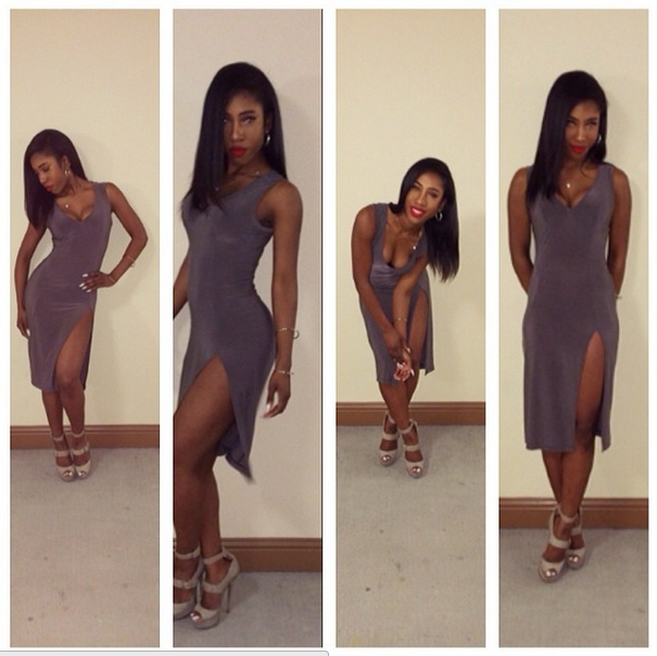 Sevyn shows some leg in this form-fitting dress.