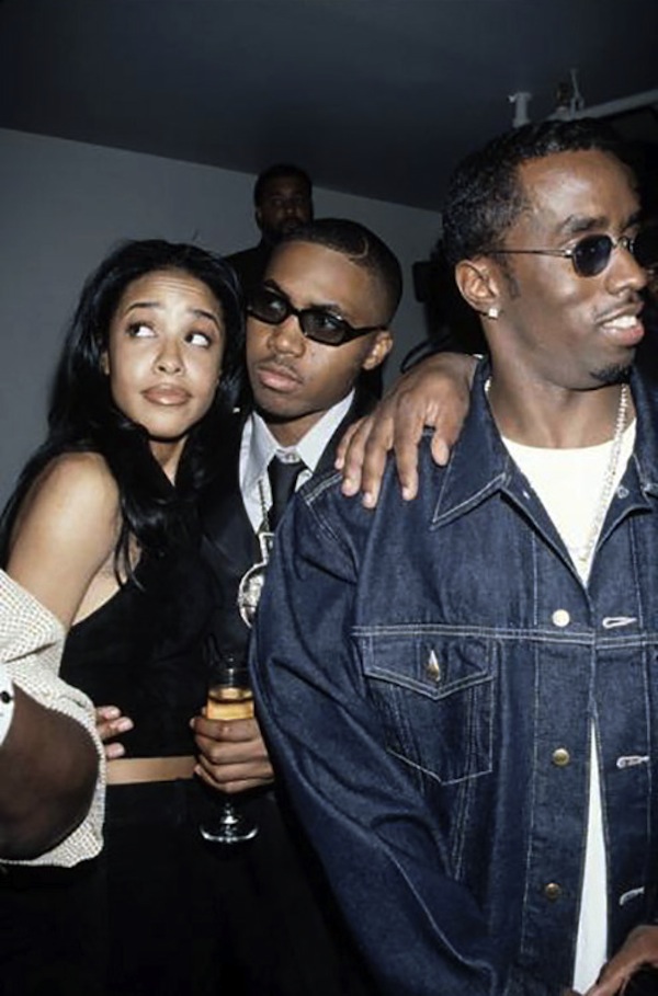 Aaliyah kicks it with Nas and Diddy.