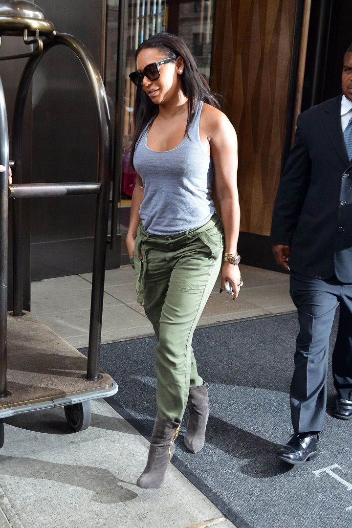 Melanie ‘Mel B’ Brown was spotted leaving her downtown hotel wearing a gray tank top and army green pants in New York City.