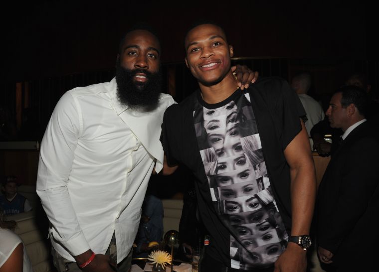 James Harden and Russell Westbrook at the NBA 2K15 Launch Celebration at The Standard.
