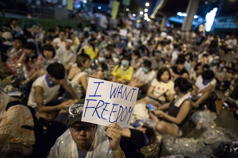 Thousands of pro democracy protestors unhappy with Chinese government’s plans to vet candidates in Hong Kong’s 2017 elections gather in the streets to demonstrate.