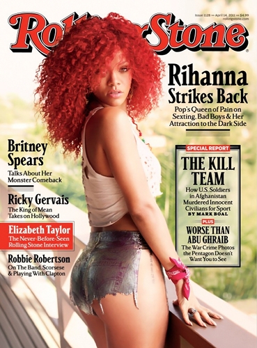 Rihanna shows off her fire red hair in Rolling Stone in 2011.