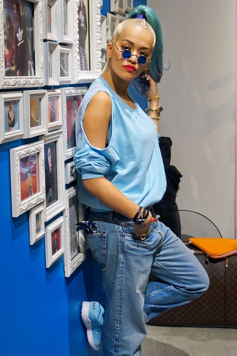 Rita Ora was booling with her cool baby blue look at an in-store appearance in Japan. We like.
