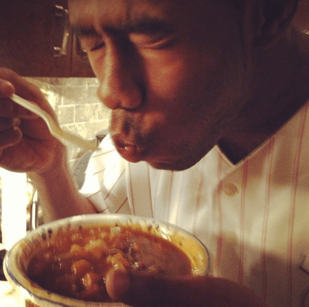 This is Tyler, The Creator eating a bowl of chunky soup.