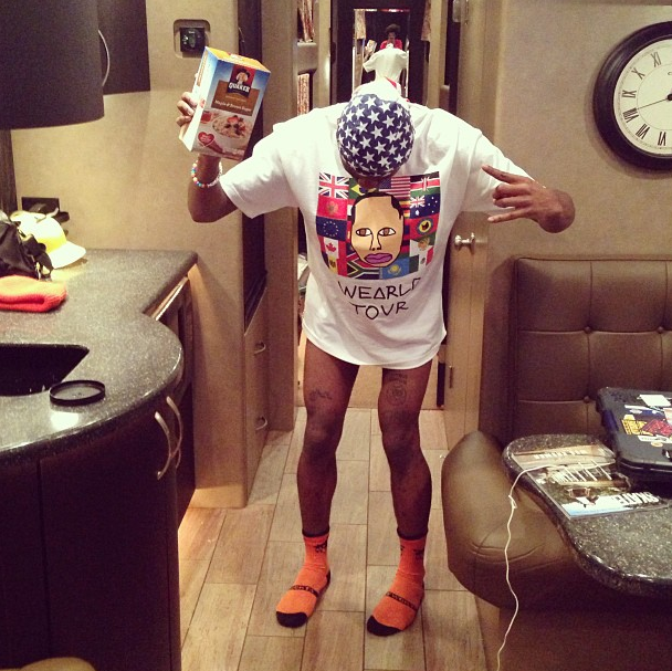 This is Tyler, The Creator, pantless, with a box of oatmeal.