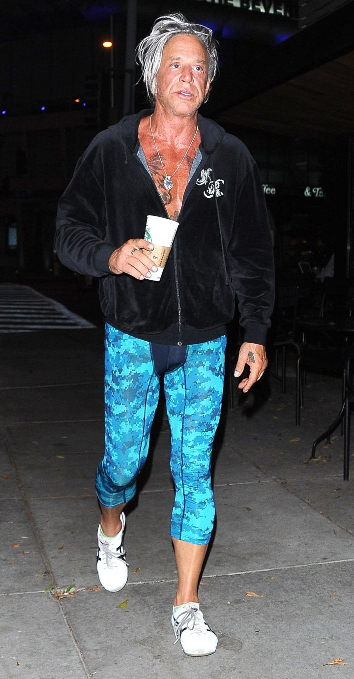 Mickey Rourke goes on a quick coffee run in his workout gear.