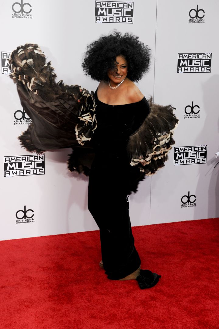 Diana Ross spreads her fab wings in a feather frock.