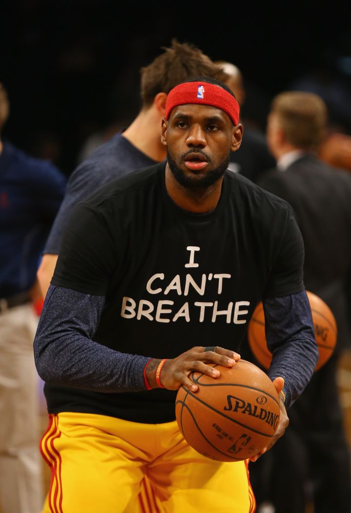 Cleveland Cavalier LeBron James wears an “I can’t breathe” tee in honor of Eric Garner, a 43-year-old grandfather choked to death by an NYPD officer.
