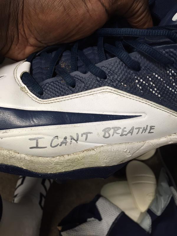 St. Louis Rams offensive lineman Davin Joseph wrote Garner’s last words on his cleats ahead of a game against the Washington Redskins.