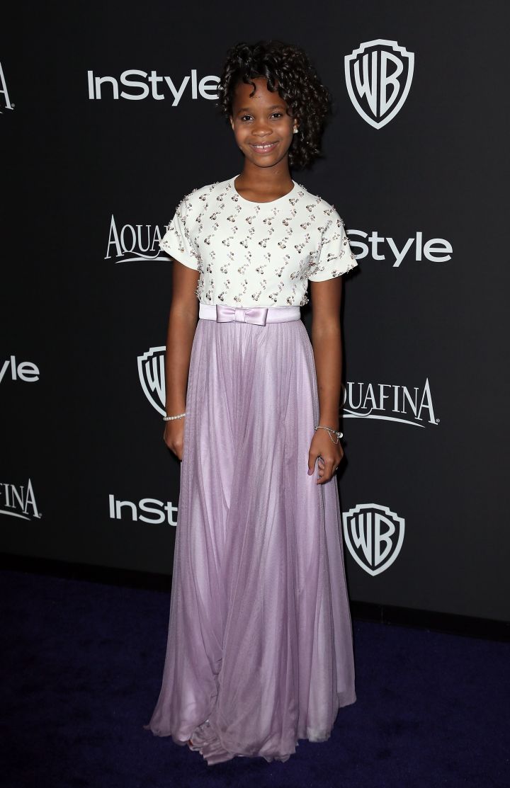 Quvenzhane Wallis looked adorable in a custom-made lilac and white dress.