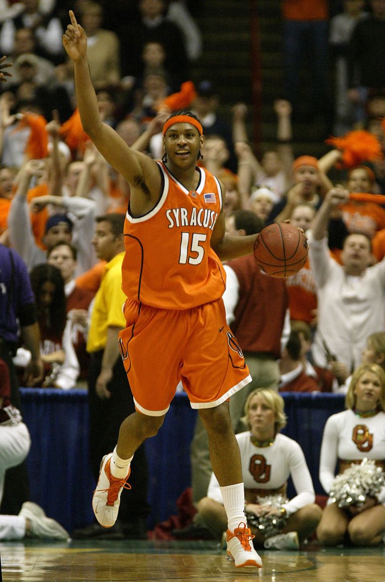 Greatness manifested: Melo celebrates his team’s win over the Oklahoma Sooners during the NCAA Tournament in 2003.