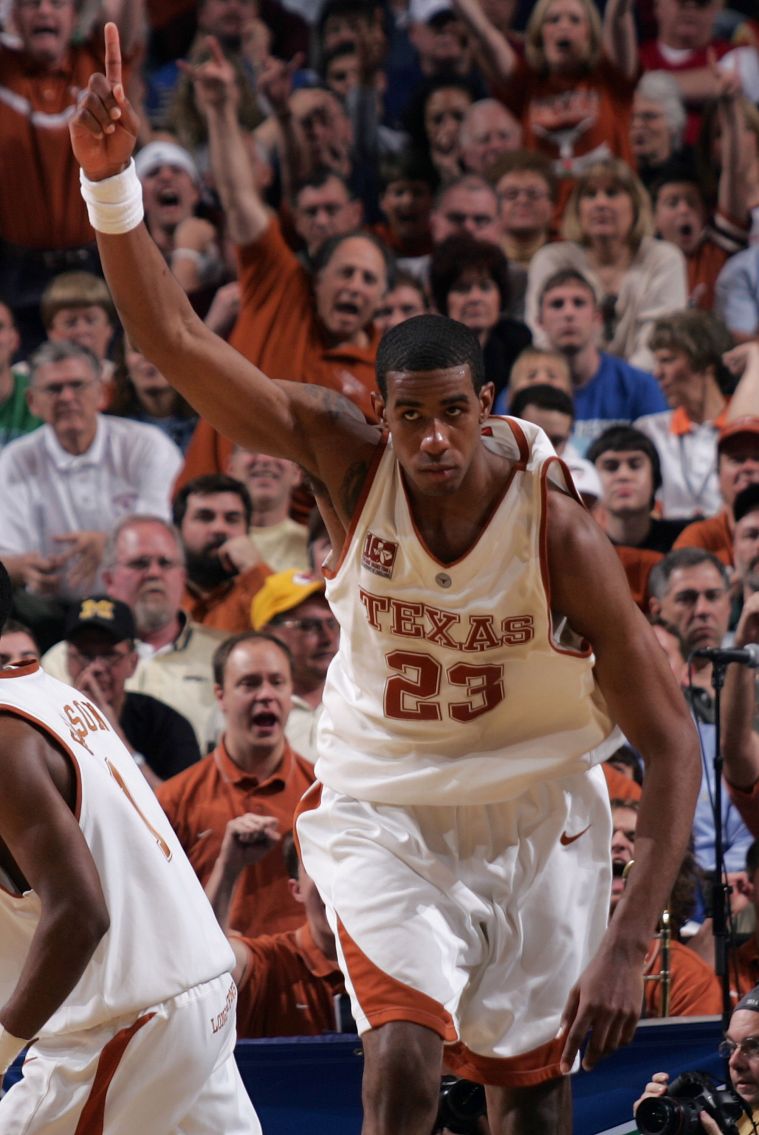LaMarcus Aldridge celebrates en route to defeating the Texas A&M Aggies in the Big 12 Men’s Basketball Tournament, 2006.