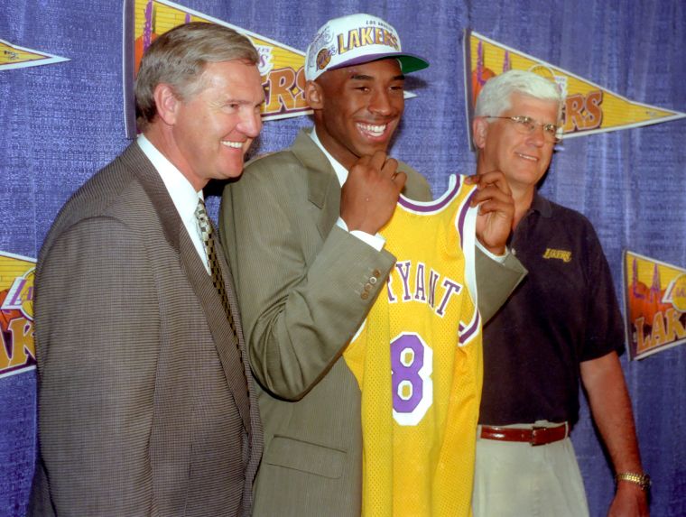 The Real 6God: GM Jerry West and Head Coach Del Harris introducing Kobe to the world, 1996.