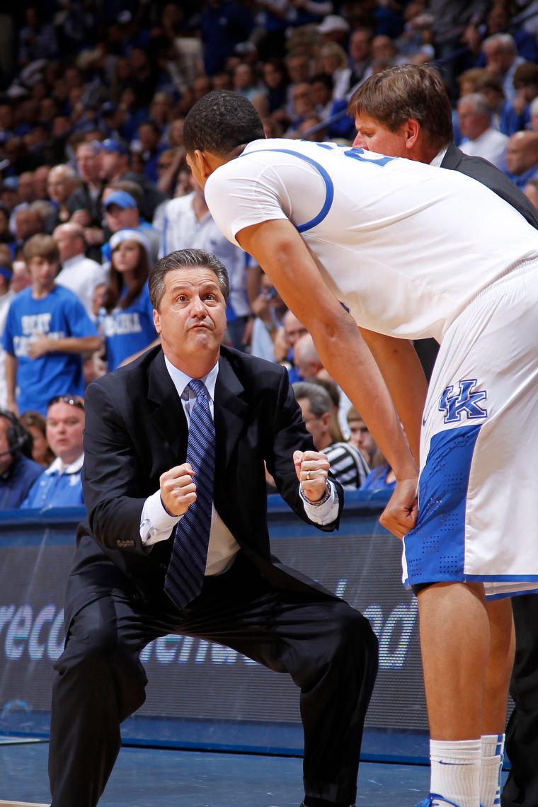 Kentucky Wildcats head coach John Calipari motivating The Unibrow.