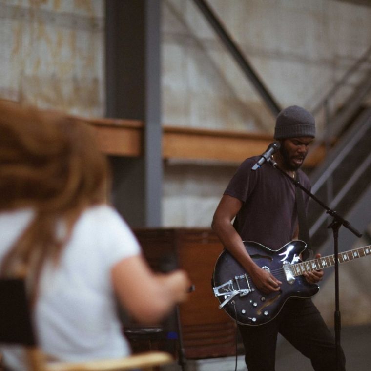 Rocking out during rehearsal.