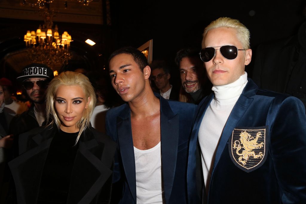 Kim Kardashian Oliver Rousteing and Jared Leto attend Balmain show during Paris Fashion Week