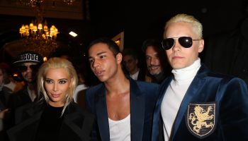 Kim Kardashian Oliver Rousteing and Jared Leto attend Balmain show during Paris Fashion Week