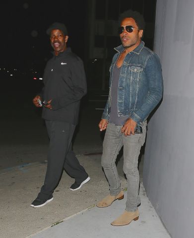 Denzel Washington and Lenny Kravitz arrive at Crossroads Restaurant in West Hollywood, CA