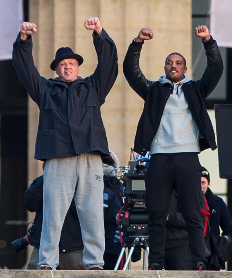 Eye of the tiger! Michael B. Jordan and Sylvester Stallone climb the famous "Rocky" steps in Philadelphia on the set of "Creed."