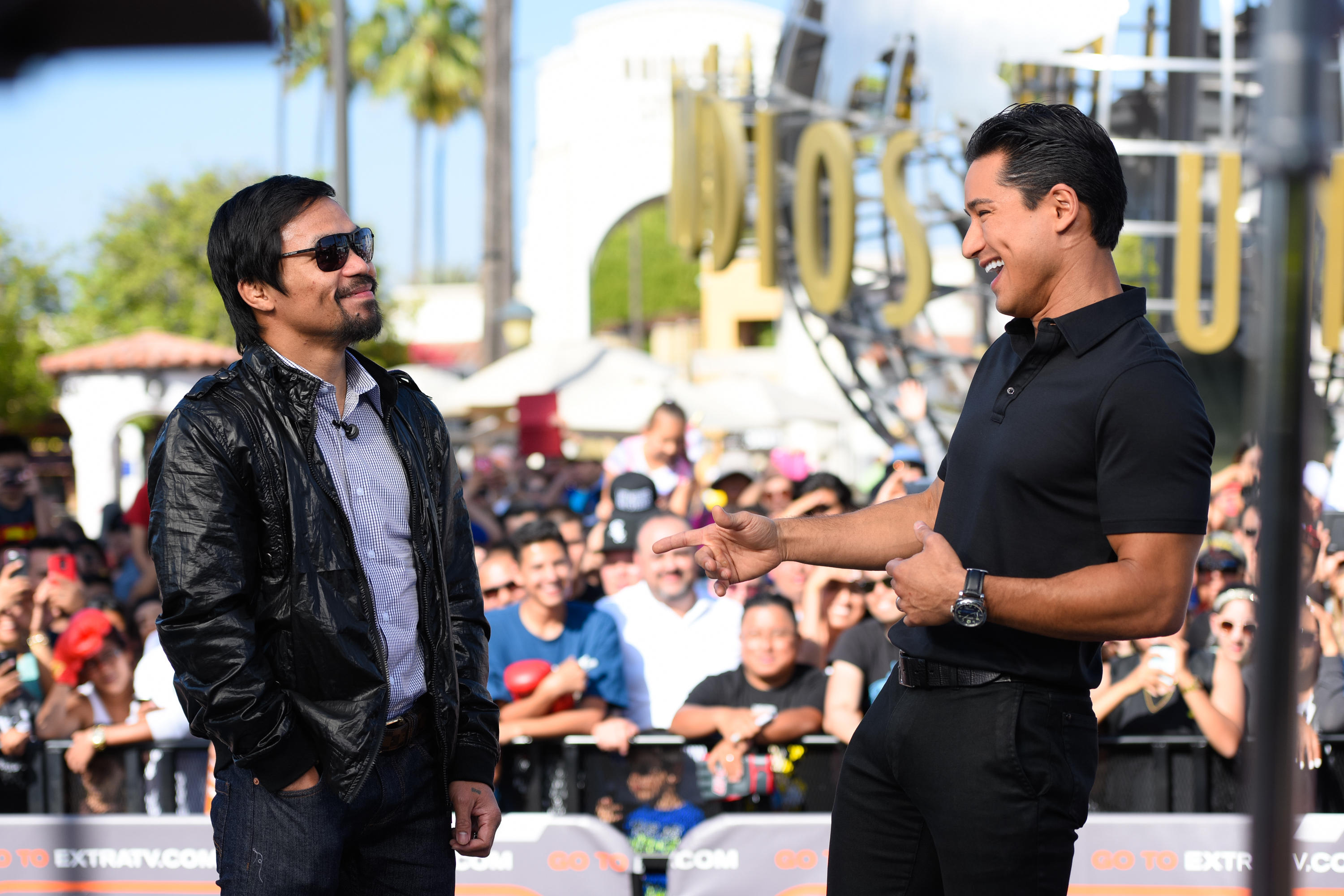 Ready or not? Manny Pacquiao chats it up with Mario Lopez ahead of his fight against Floyd Mayweather.