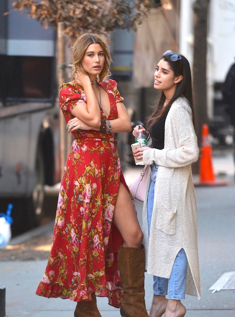 Hailey Baldwin looks festive and floral outside of a photoshoot in NYC.
