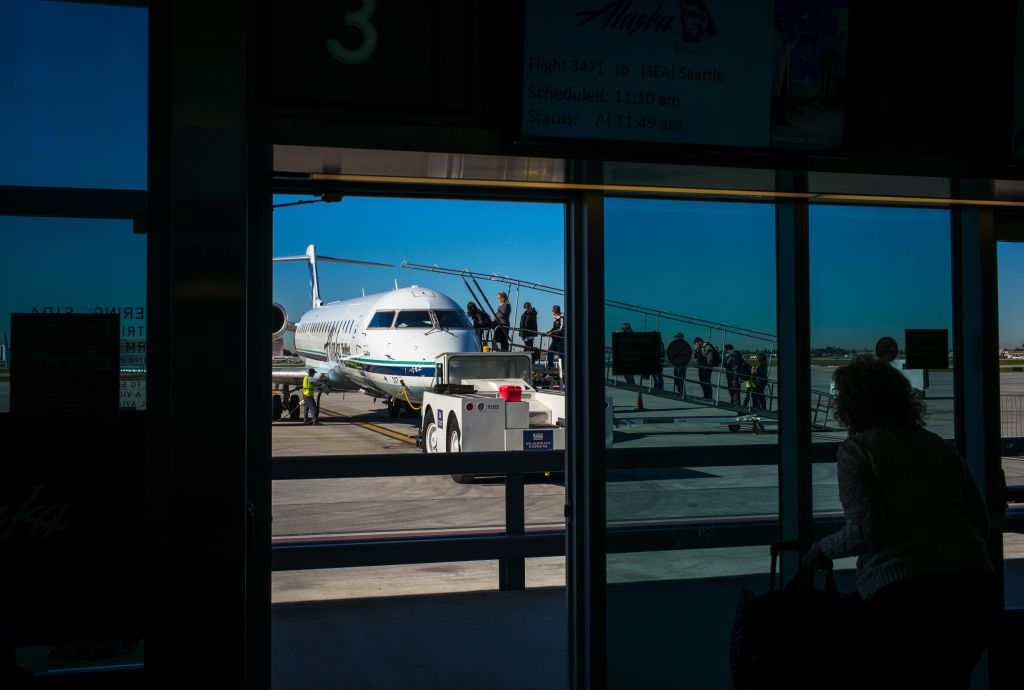Alaska Airline boards at Long Beach