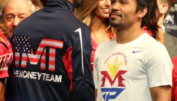 Mayweathe & Pacquaio face each other during the weigh-in 2015