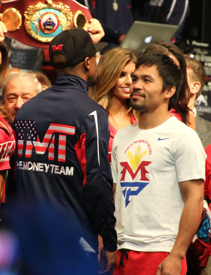 Mayweather/Pacquiao face each other during the weigh-in.