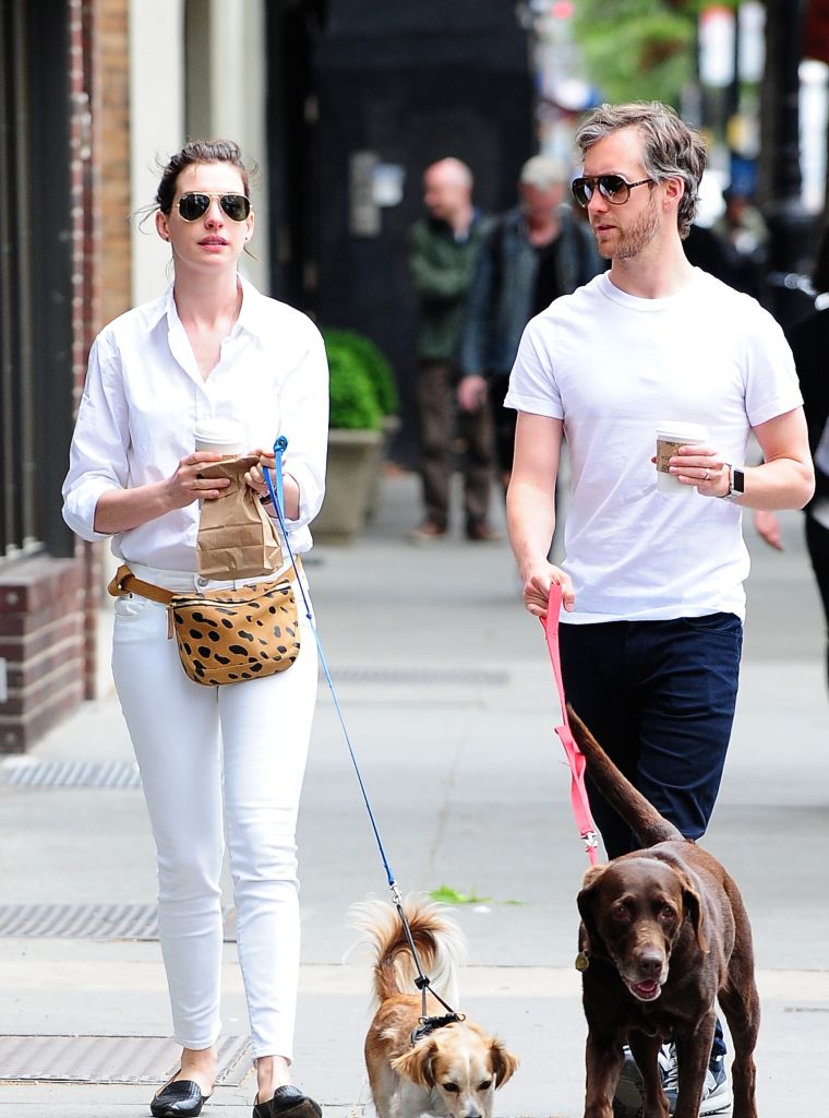 Cute couple Anne Hathaway and Adam Shulman were spotted walking their dogs in SoHo, NYC.