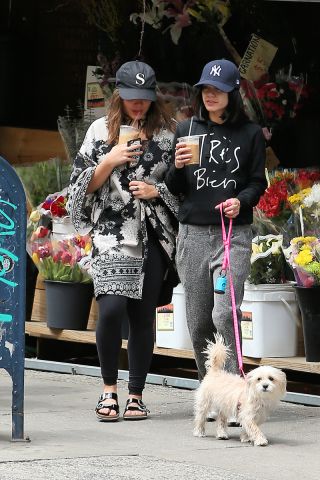 Actress Vanessa Hudgens and her sister Stella Hudgens walk her dog Darla on a coffee run in nyc
