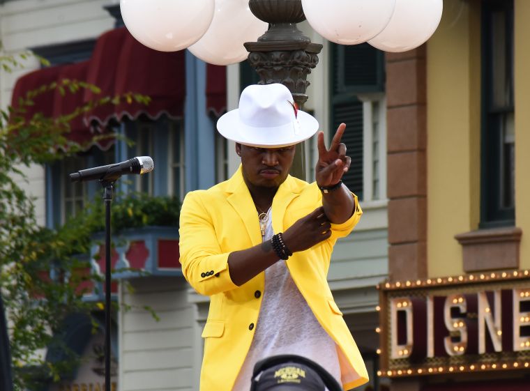Ne-Yo promotes peace as he pays a visit to Disneyland to perform during 'Live! With Kelly And Michael' in Anaheim, California.